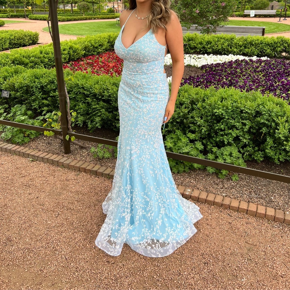 Light blue sparky lace mermaid prom dress